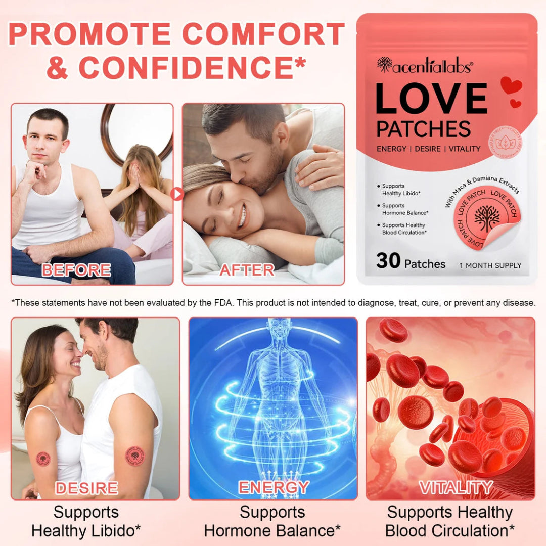 Advertisement for Acentifitlabs Love Patches with before and after scenarios, product packaging, and health benefits.