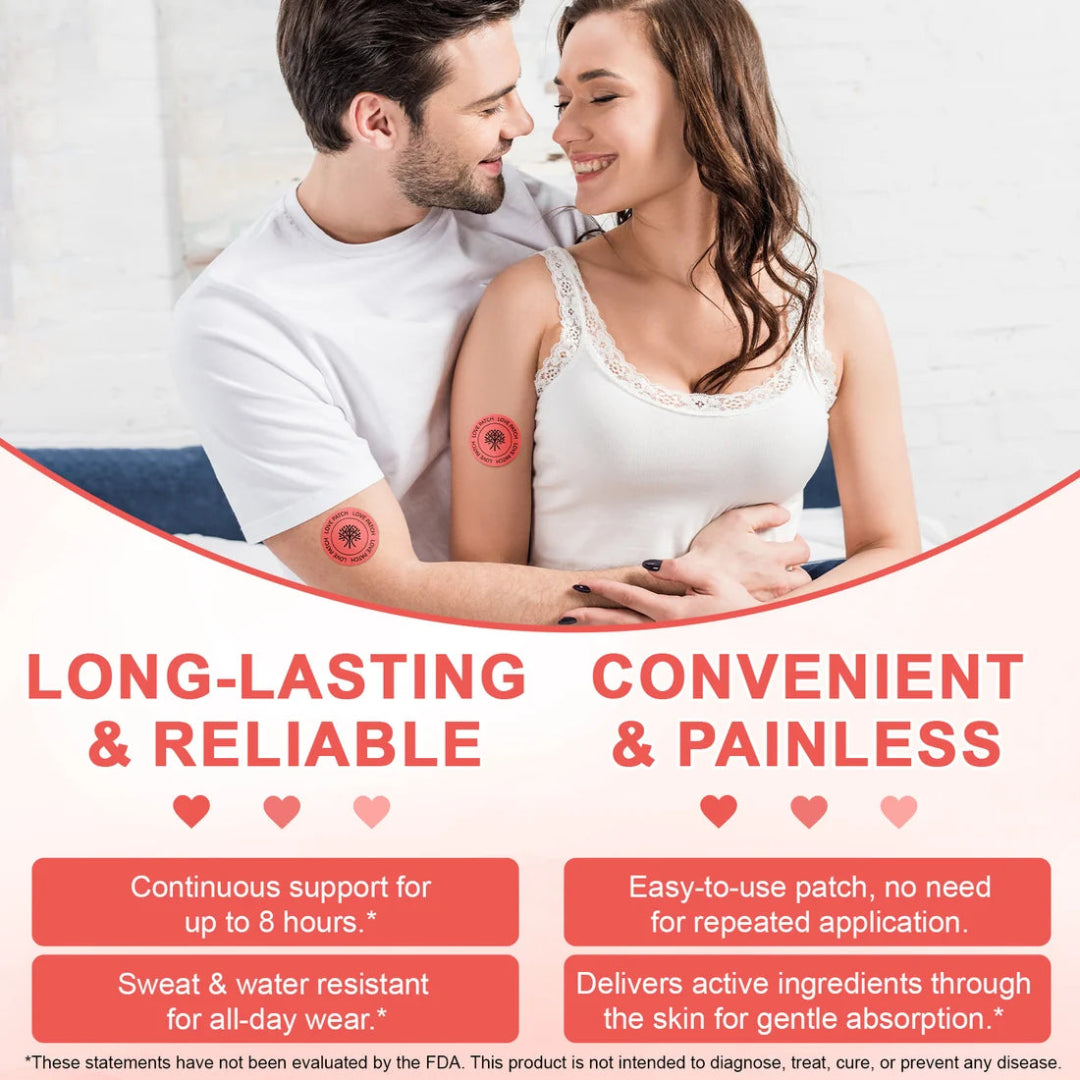 Couple with adhesive patches on skin, promoting long-lasting and reliable product.