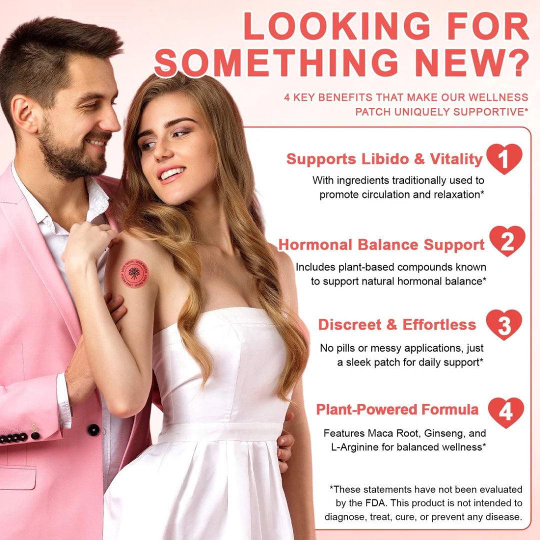 Promotional graphic with a man and woman embracing on a pink background, alongside four benefit callouts for a wellness patch: supports libido and vitality, hormonal balance support, discreet and effortless, and plant-powered formula.