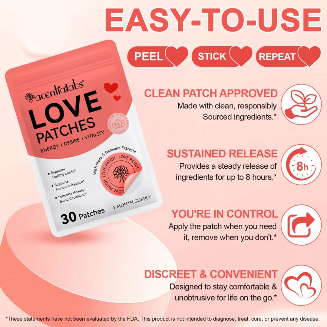 Acentria Labs Love Patches packaging with product details on a pink background