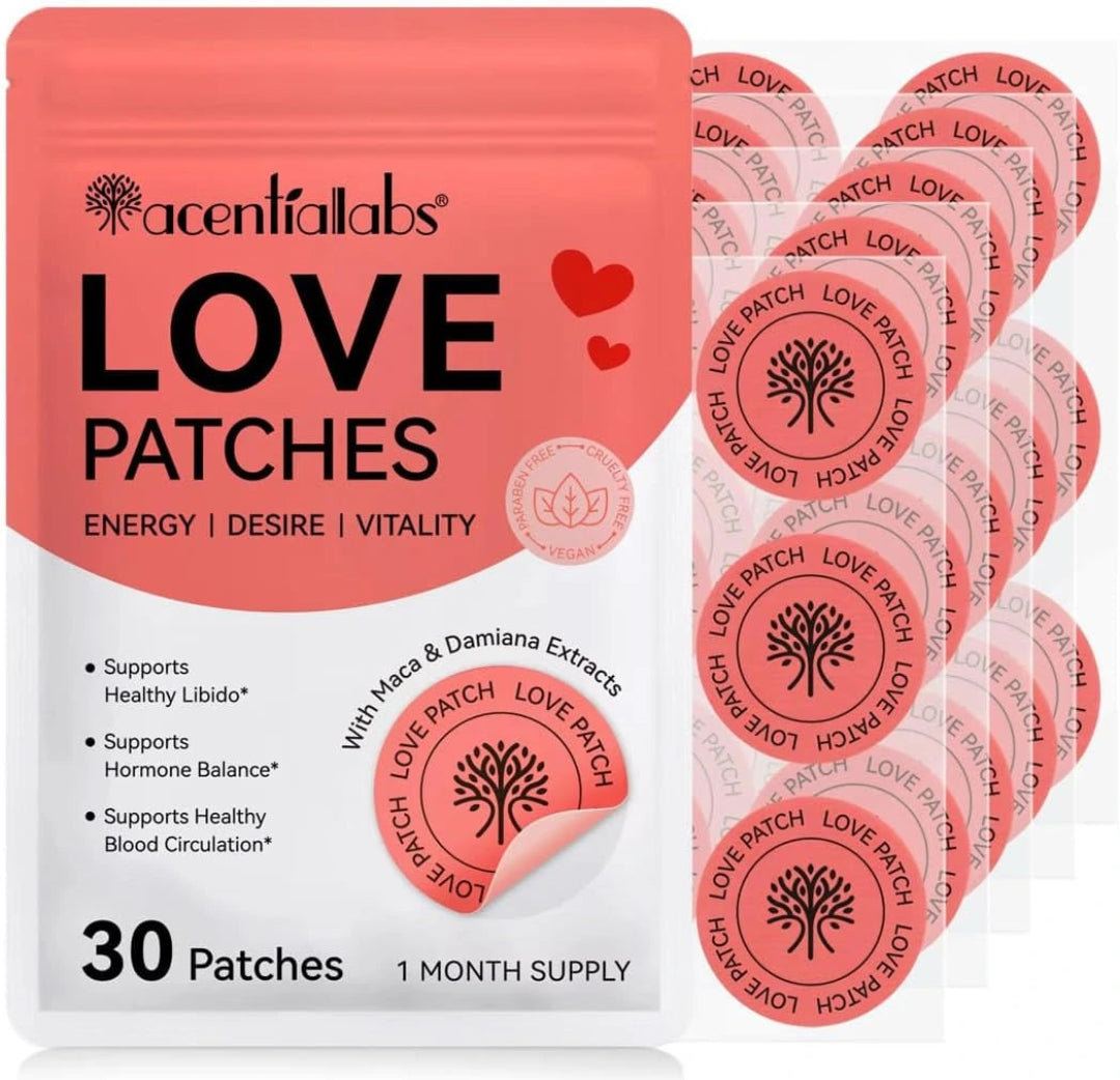 Acentialabs Love Patches packaging with multiple patches displayed on a white background