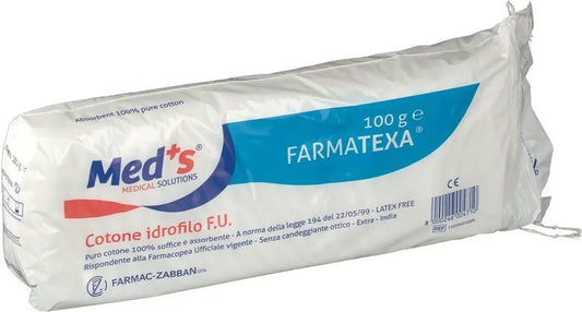 Packaged cotton with Med's and Farmatexa branding on a white background