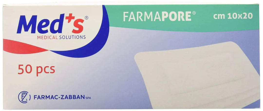 Box of Med's Farmapore medical solutions with a sample pad on a blue background