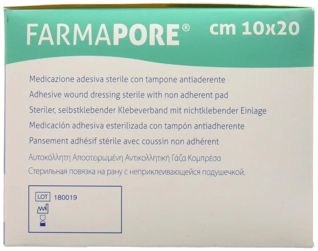 Box of Farmapore adhesive wound dressing with multiple language labels