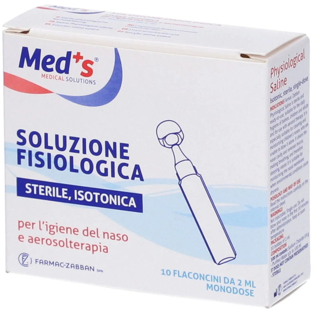 Box of Med's physiological saline solution with a syringe illustration on a white background