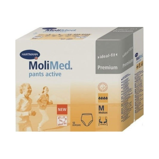 Box of MoliMed pants active with branding and product details on a white background