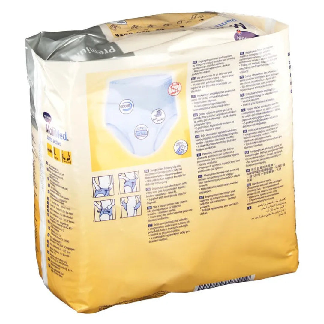 Package of adult diapers with text and illustrations on a white background