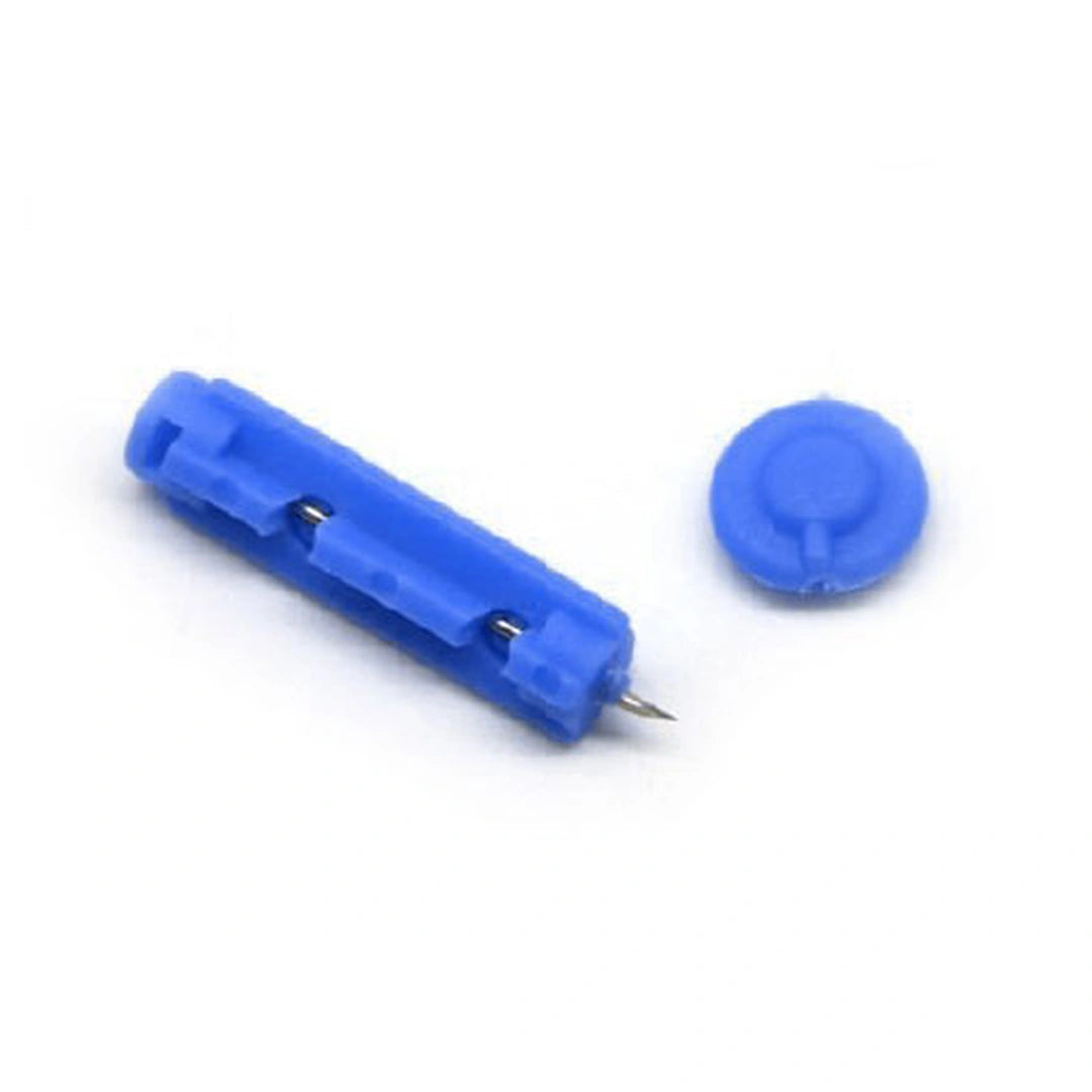 Blue plastic tool with a needle on a white background
