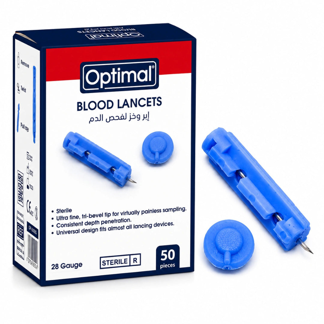A box of Optimal Blood Lancets alongside several blue sterile plastic lancets and caps on a white background.