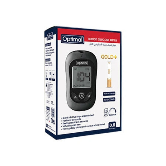 Optimal blood glucose meter retail packaging box, featuring a black digital glucose meter graphic and gold-plus branding on a white background.