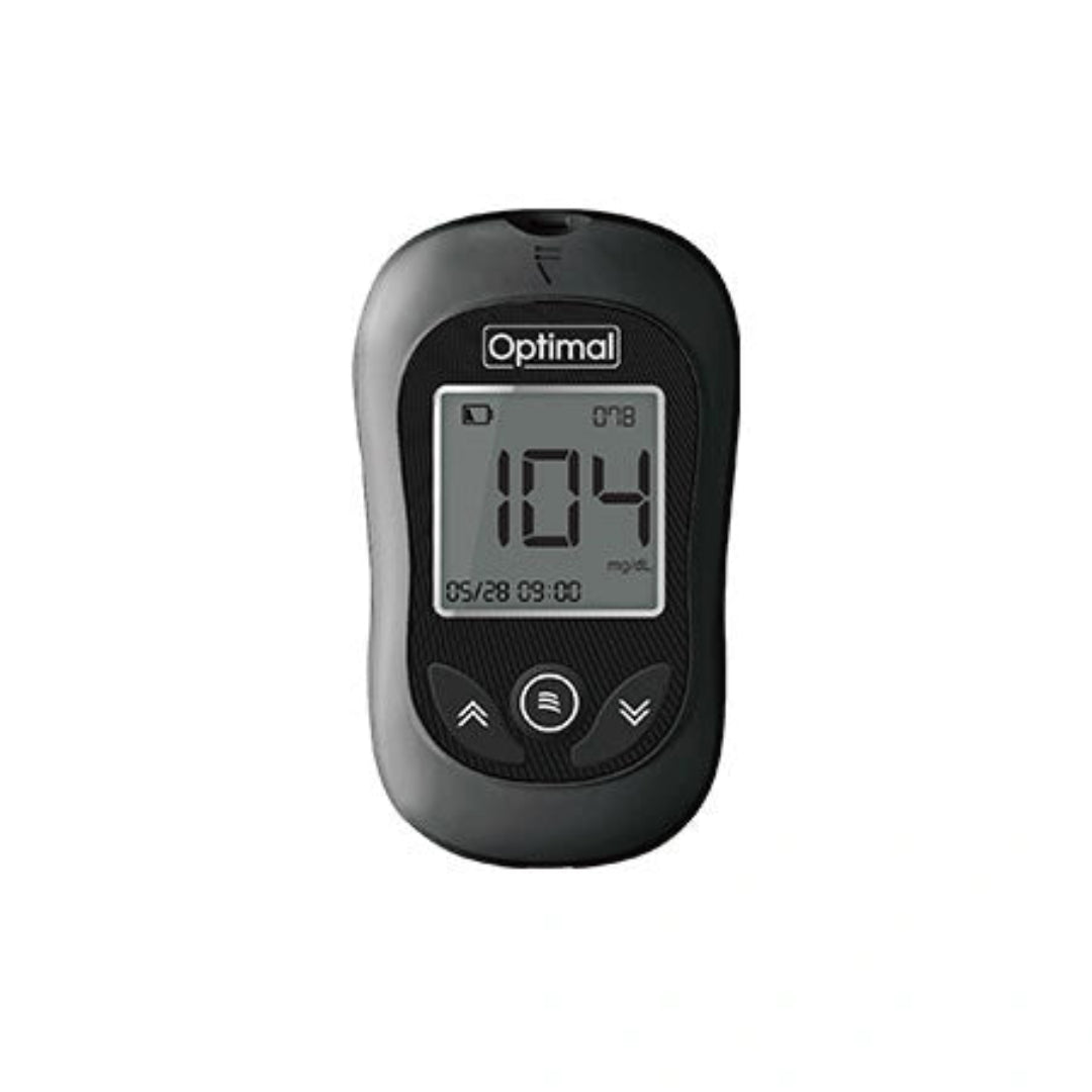 Black digital blood glucose meter with 'Optimal' branding on a white background