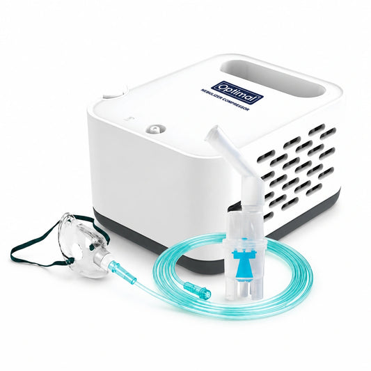 An Optimal nebulizer set featuring a white and dark gray machine, a clear face mask with a green strap, and a translucent blue tubing system on a clean white background.