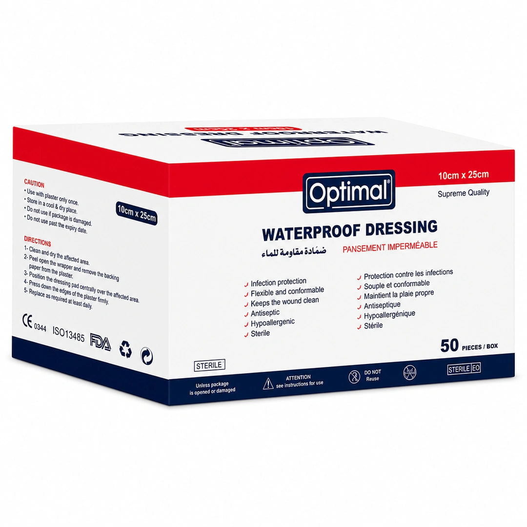 A box of Optimal Waterproof Dressing, 10cm x 25cm, 50 pieces, shown on a clean white background. The packaging is white with red and navy blue sections and features the Optimal brand logo.