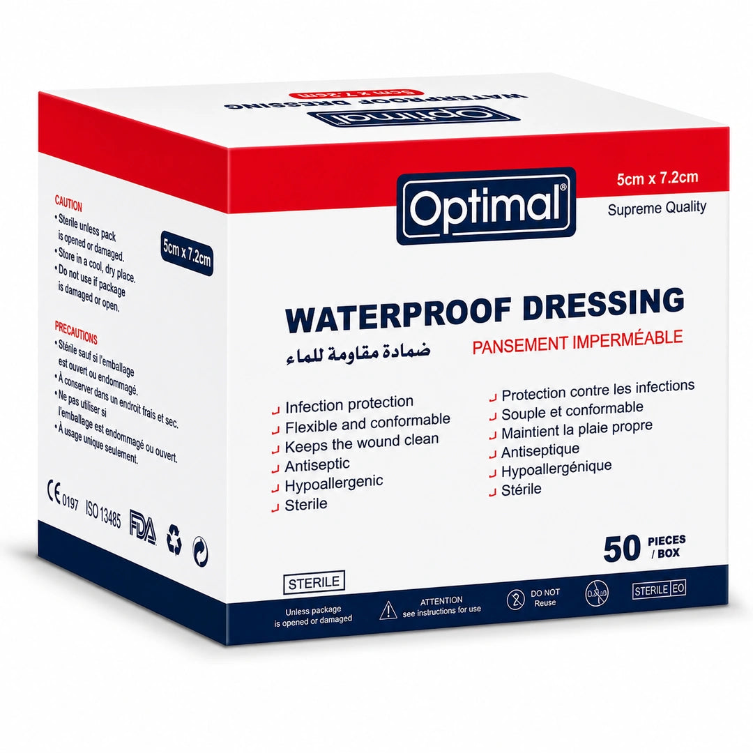 A box of Optimal Waterproof Dressing, 5cm x 7.2cm, shown at a three-quarter angle on a white background.