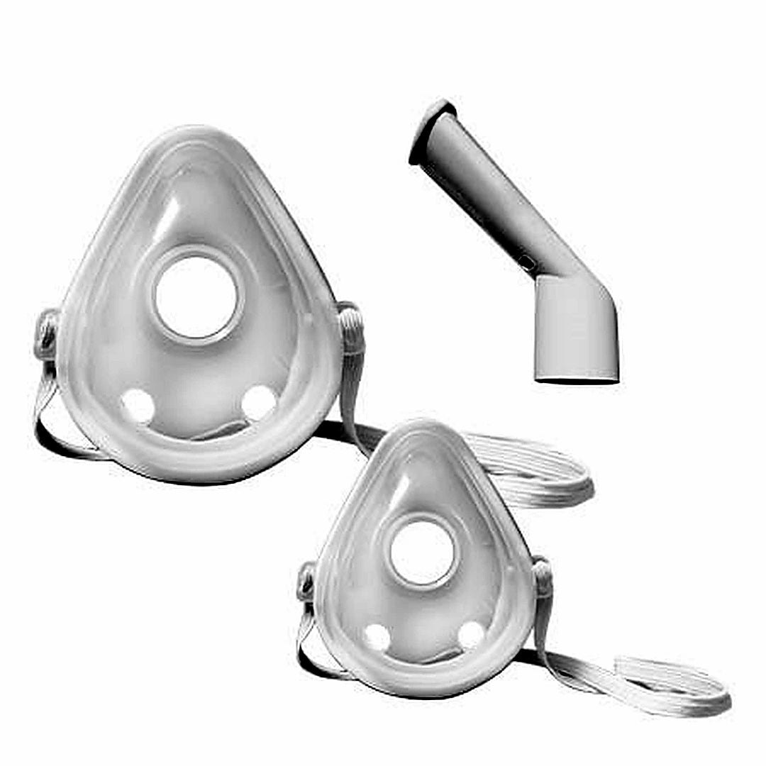 A medical oxygen delivery set featuring two clear plastic face masks with attached black straps and a separate clear curved nasal tube, shown on a plain white background.