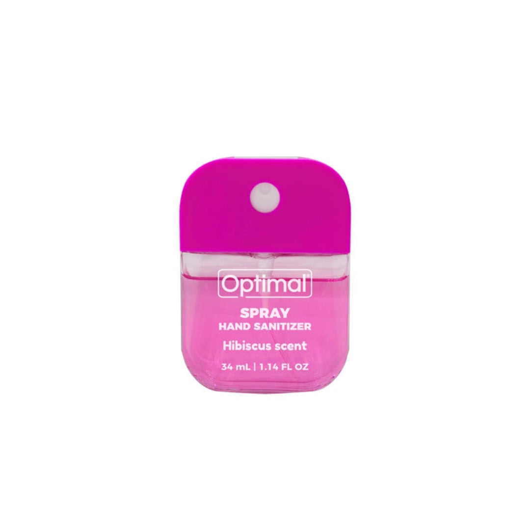 A 36 mL hand sanitizer spray bottle with a bright pink cap and pink liquid inside, labeled 'Optimal Spray Hand Sanitizer Hibiscus scent'.