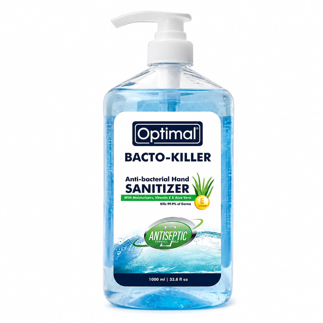 A 1000 ml bottle of Optimal Bacto-Killer Anti-bacterial Hand Sanitizer with a white pump dispenser, filled with clear blue liquid, on a white background.