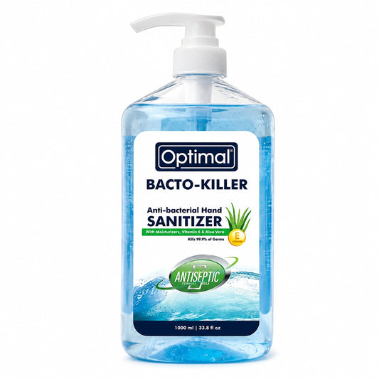 A 1000 ml bottle of Optimal Bacto-Killer Anti-bacterial Hand Sanitizer with a white pump dispenser, filled with clear blue liquid, on a white background.