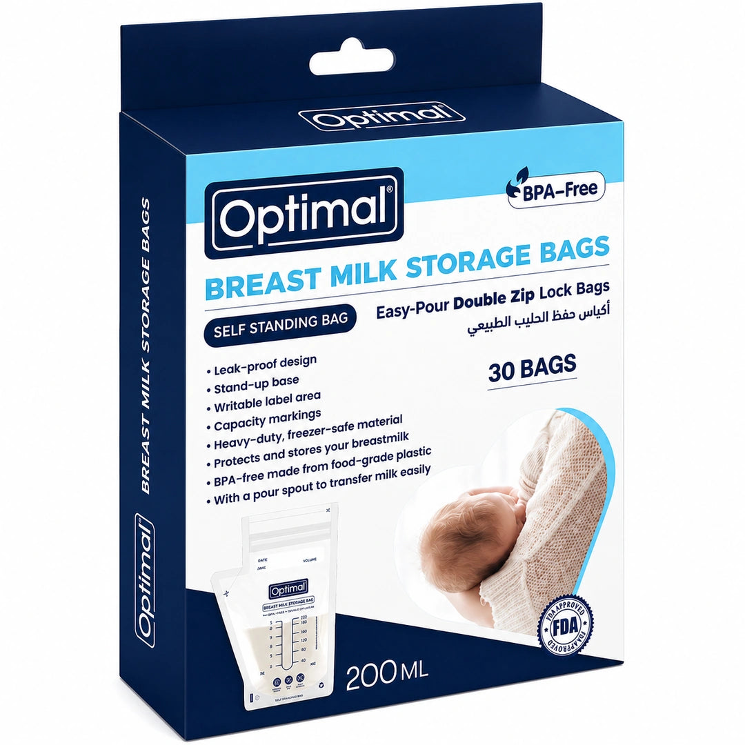 Optimal Breast Milk Storage Bags retail box, 200 ml size, containing 30 self-standing double zip lock bags. The packaging is navy blue and white with a photo of a baby on the front.