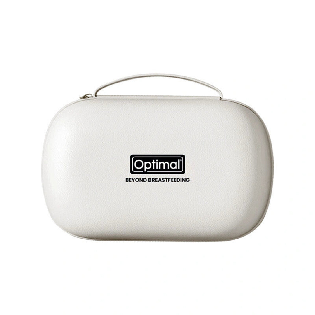 A white textured zippered carrying case with a top handle, featuring a black logo that reads 'Optimal BEYOND BREASTFEEDING' on the front, set against a plain white background.
