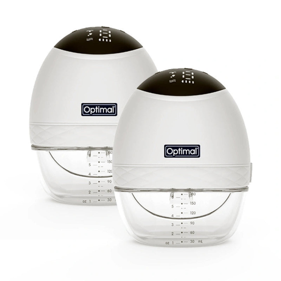 Two Optimal breast pump bottles with white bodies, clear lower sections, and black tops, shown on a clean white background.