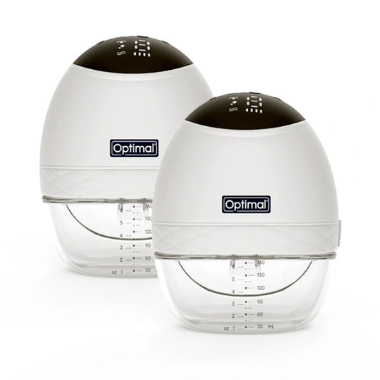 Two Optimal breast pump bottles with white bodies, clear lower sections, and black tops, shown on a clean white background.