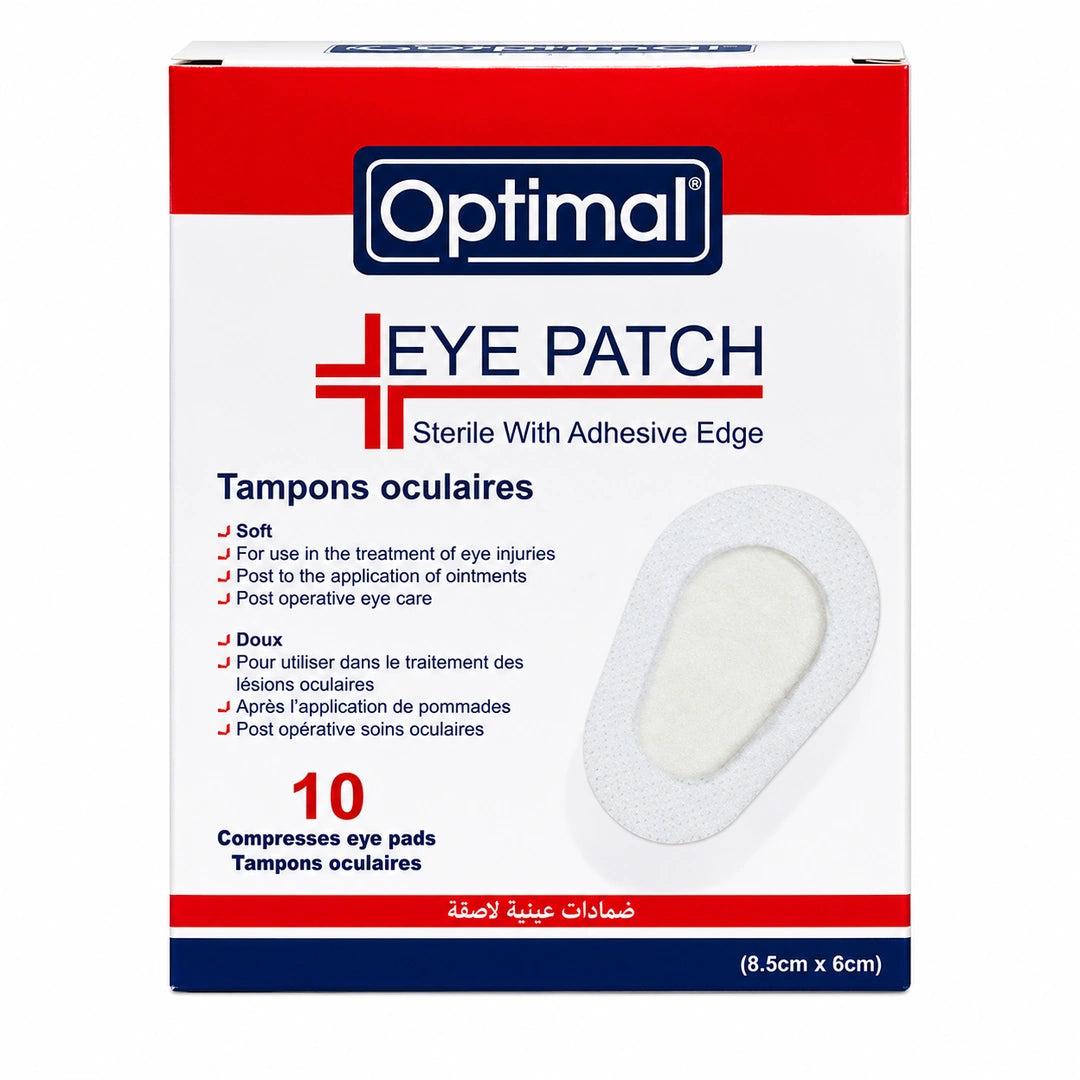 A box of Optimal Eye Patch sterile adhesive eye pads, featuring a white and red package design with a clear depiction of a single round eye patch on the front.