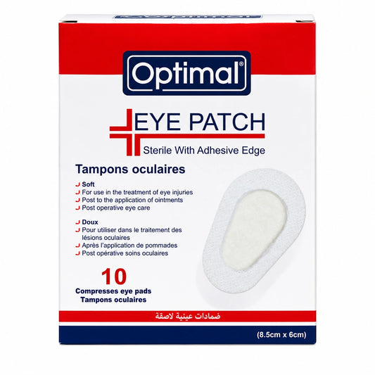 A box of Optimal Eye Patch sterile adhesive eye pads, featuring a white and red package design with a clear depiction of a single round eye patch on the front.