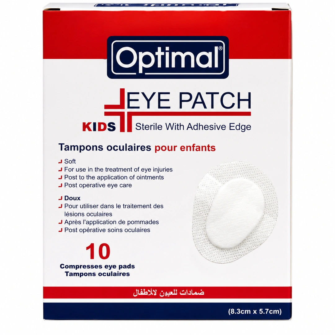 A box of Optimal Kids Eye Patch sterile adhesive eye pads, size 10, with a white, red, and navy blue packaging design and a photo of a single round patch on the front.