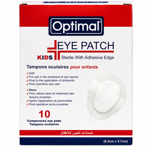 A box of Optimal Kids Eye Patch sterile adhesive eye pads, size 10, with a white, red, and navy blue packaging design and a photo of a single round patch on the front.