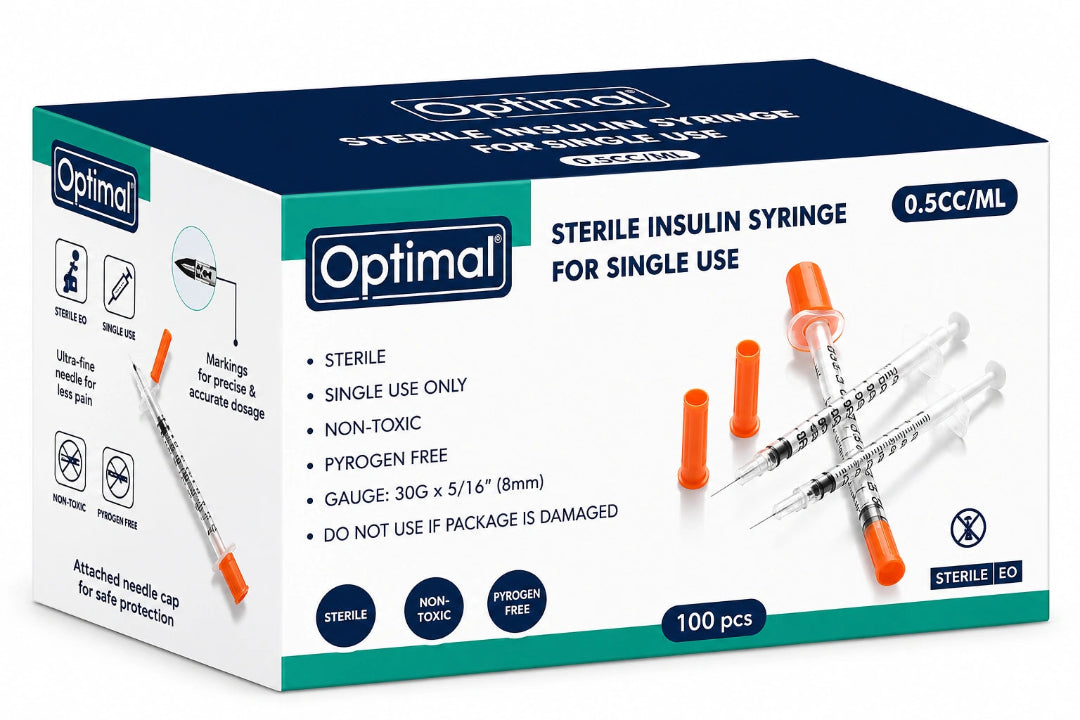 Optimal brand sterile insulin syringe box containing 100 pieces of 0.5cc/ML single-use insulin syringes, shown on a clean white background.
