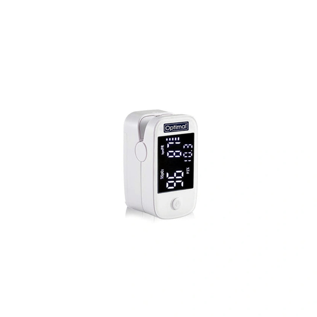 A white fingertip pulse oximeter with a digital display screen showing oxygen saturation and pulse rate, set against a plain white background.