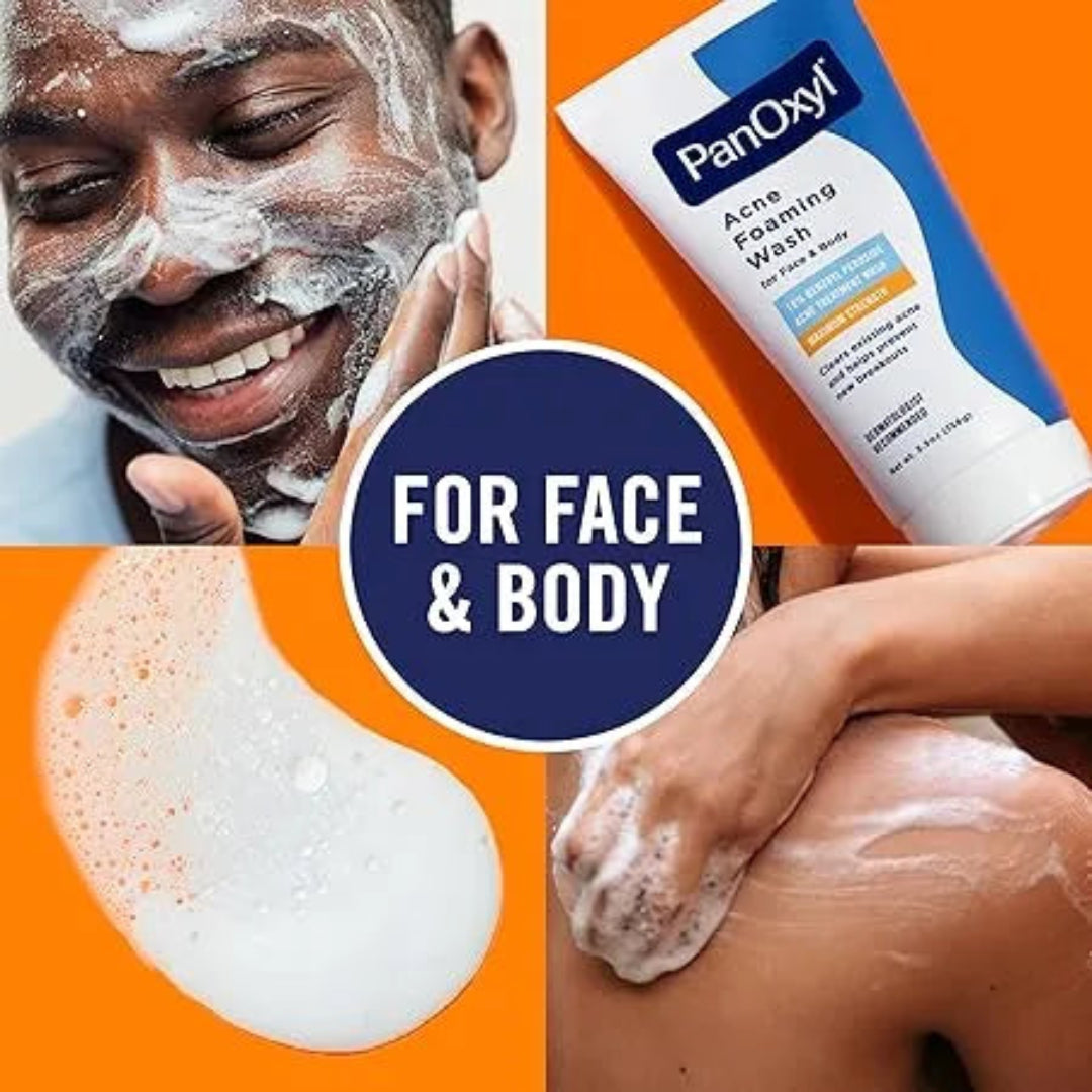 PanOxyl acne foaming wash with application on face and body, labeled 'For Face & Body'.
