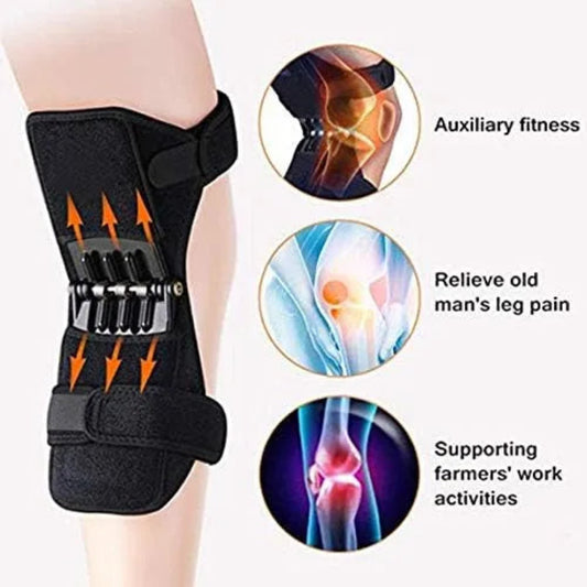 Black ankle support brace with illustrations of knee anatomy and text on a white background