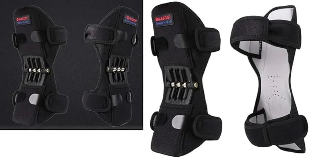 Black knee brace with adjustable straps on a black background