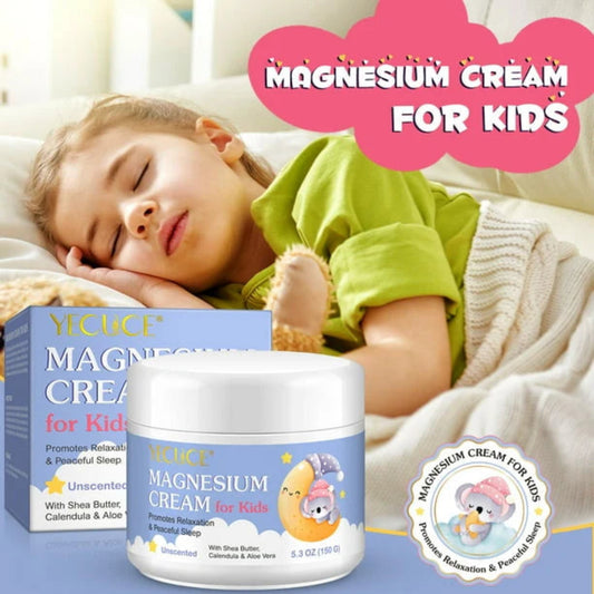 YiYiCe magnesium cream for kids with a child sleeping in the background