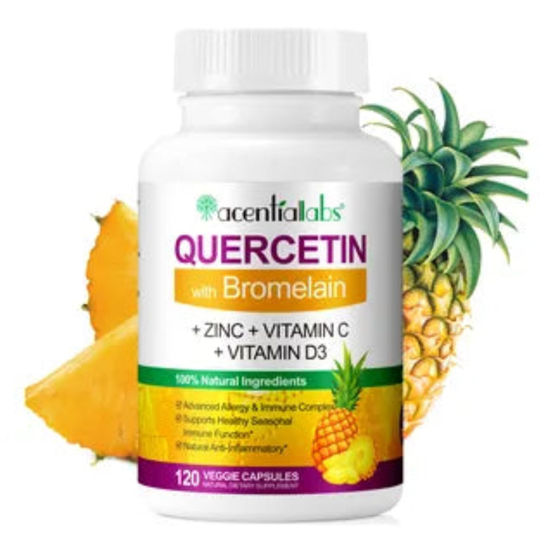 Supplement bottle labeled 'Quercetin' with pineapple slices on a white background