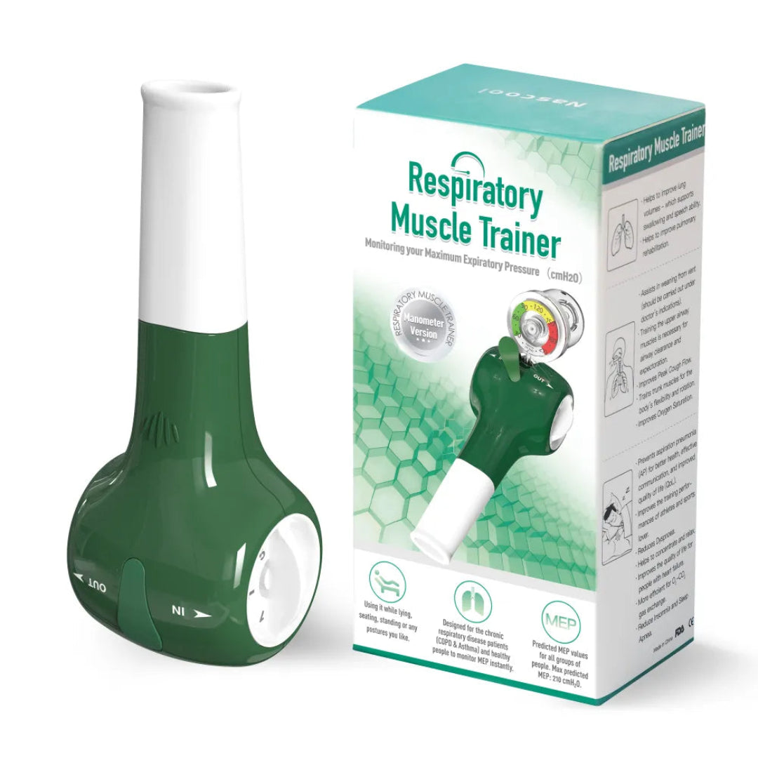 Green respiratory muscle trainer with packaging on a white background