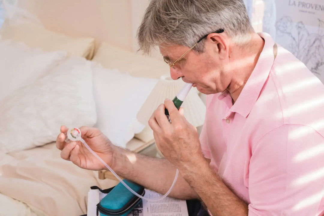 Man in a pink shirt using an inhaler device at home.