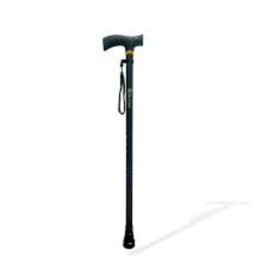 Black adjustable walking cane on a white background