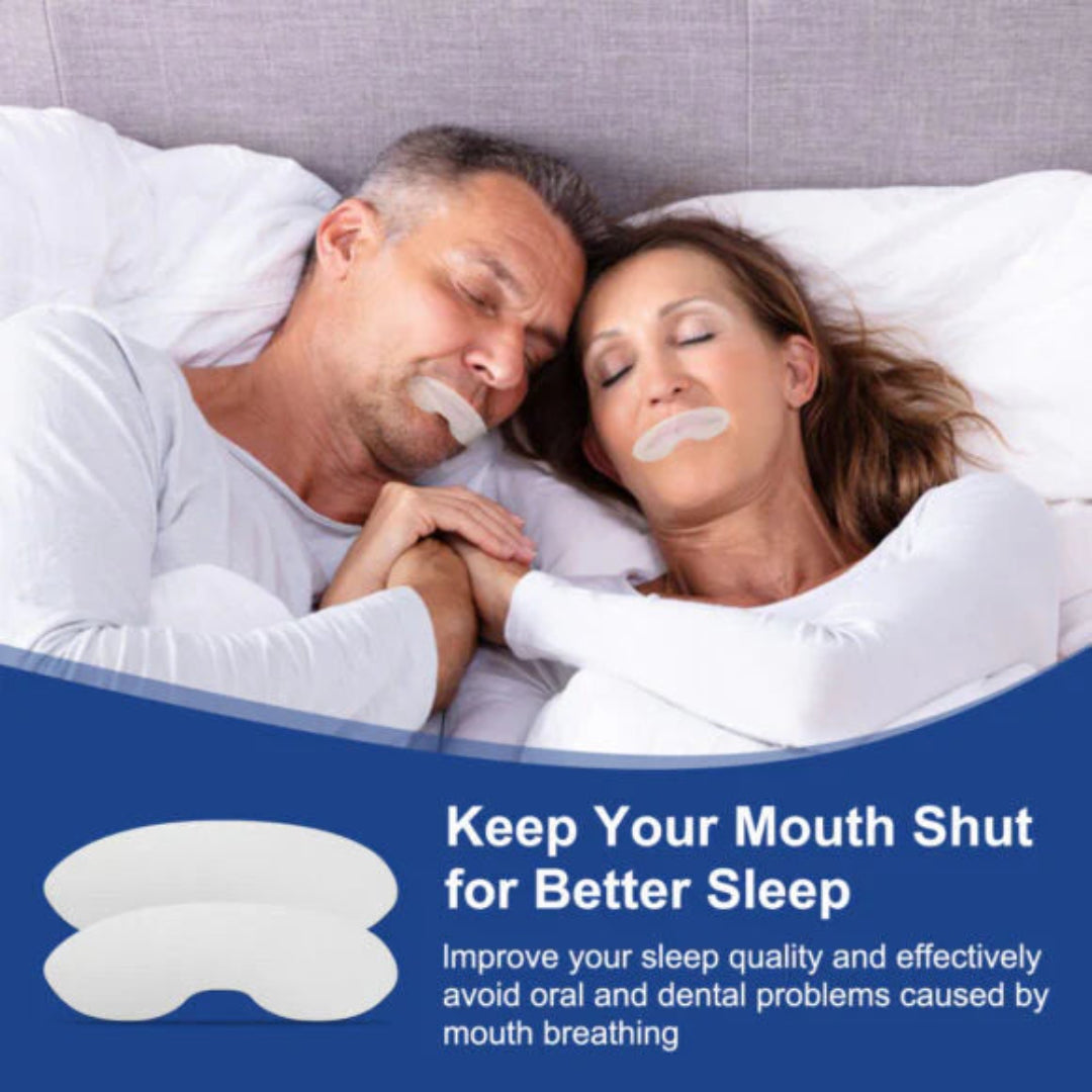 Man and woman lying in bed with mouth strips on, promoting better sleep.