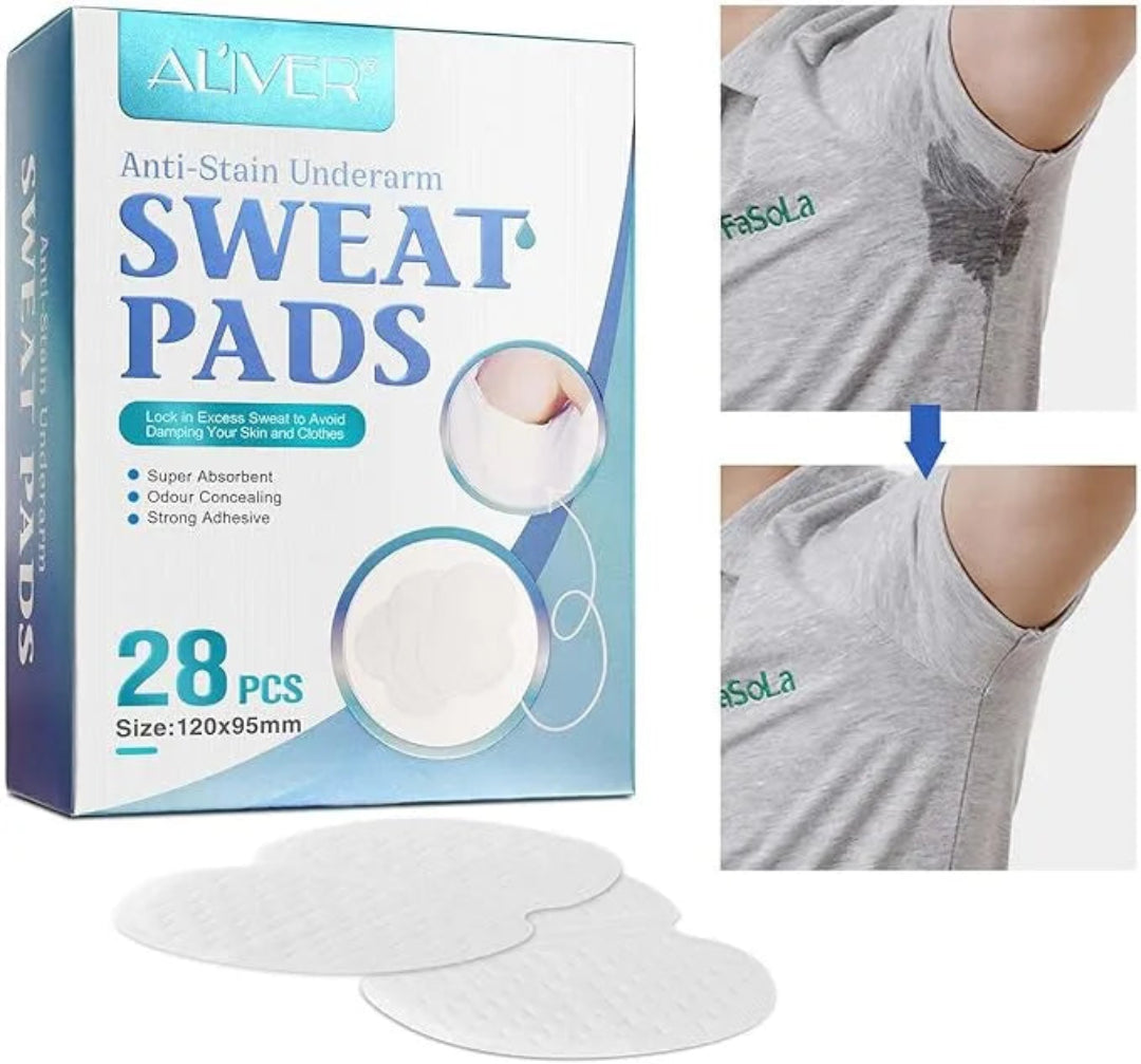 Box of Aliver anti-stain underarm sweat pads with examples of sweat on clothing.