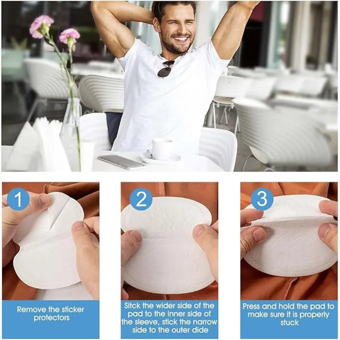 Man sitting at a table with a white shirt, followed by step-by-step instructions on using a product.