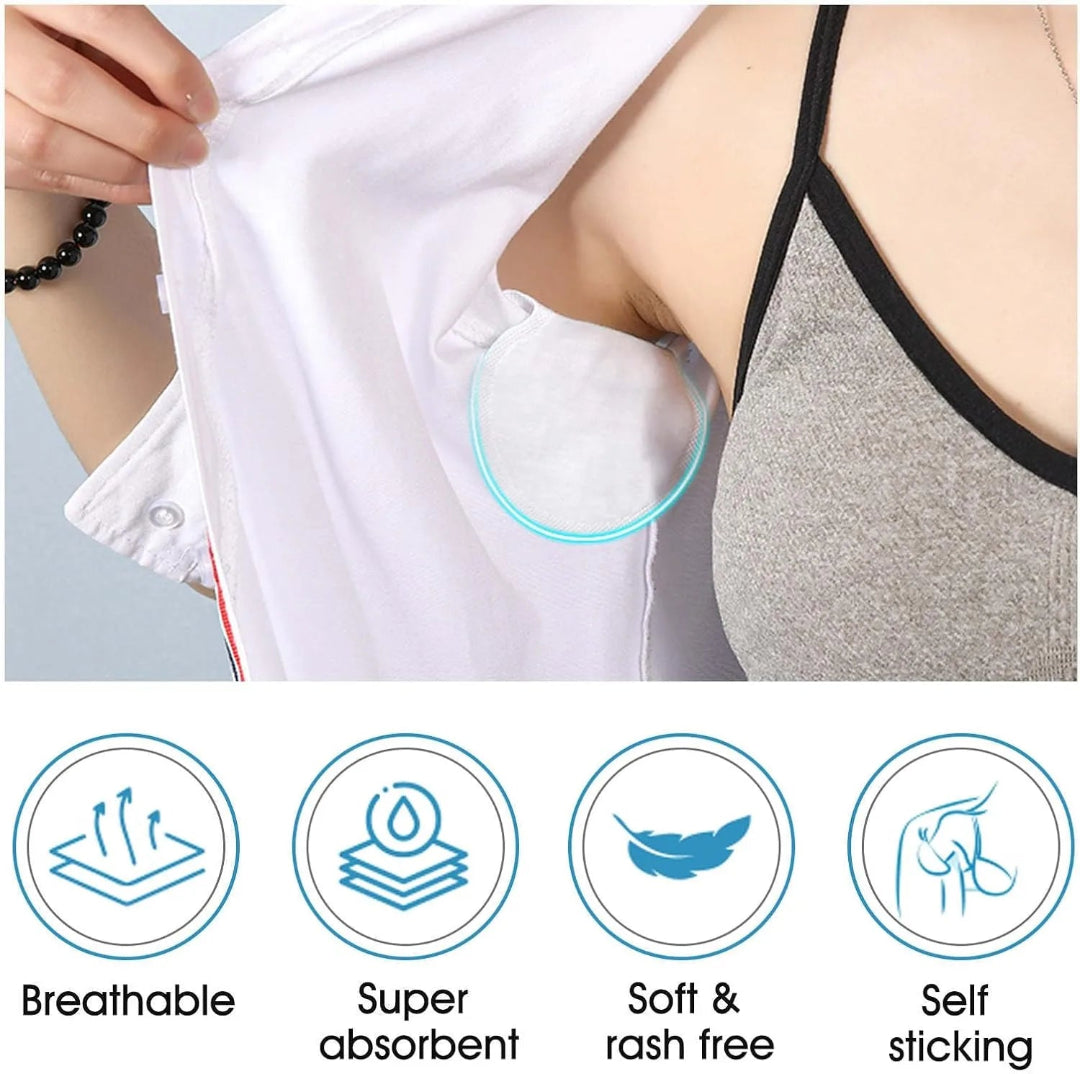 Person wearing a white shirt with a pocket, highlighting features like breathability, absorbency, softness, and self-stickiness.