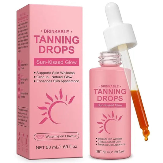 Drinkable tanning drops with packaging on a white background