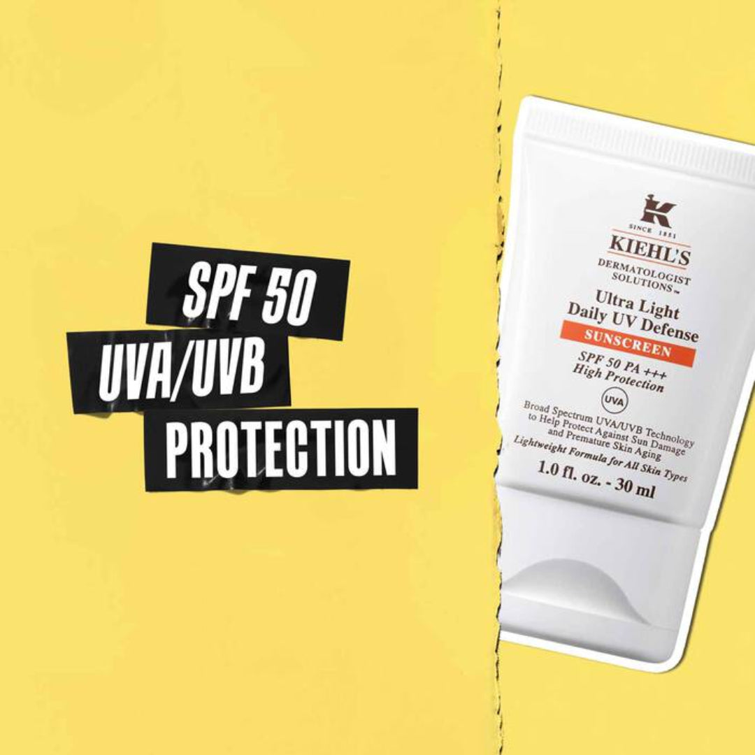 Kiehl's sunscreen packaging with SPF 50 text on a yellow background