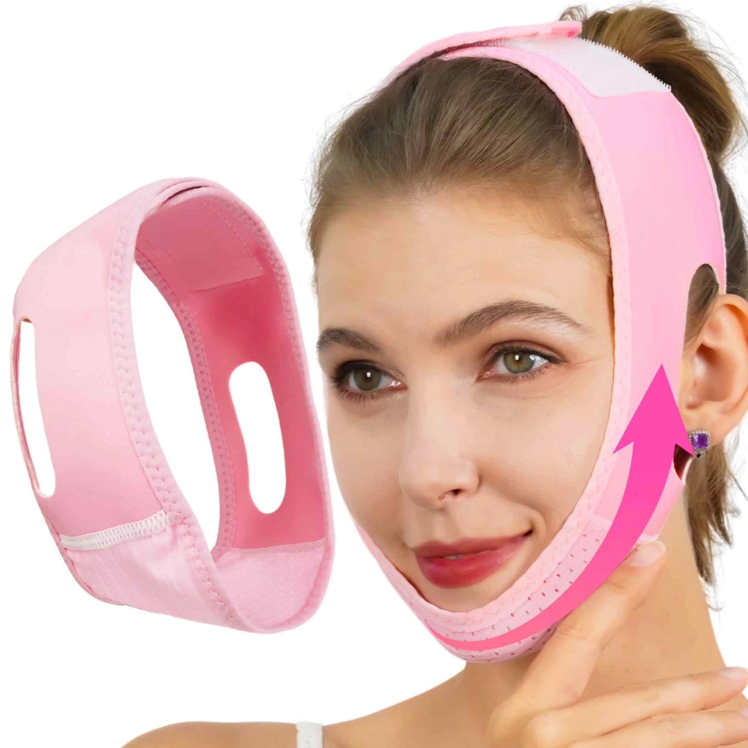 Pink chin and jaw support headband shown on a model's face, with a separate view of the headband on the left and a pink arrow graphic indicating placement on the right.