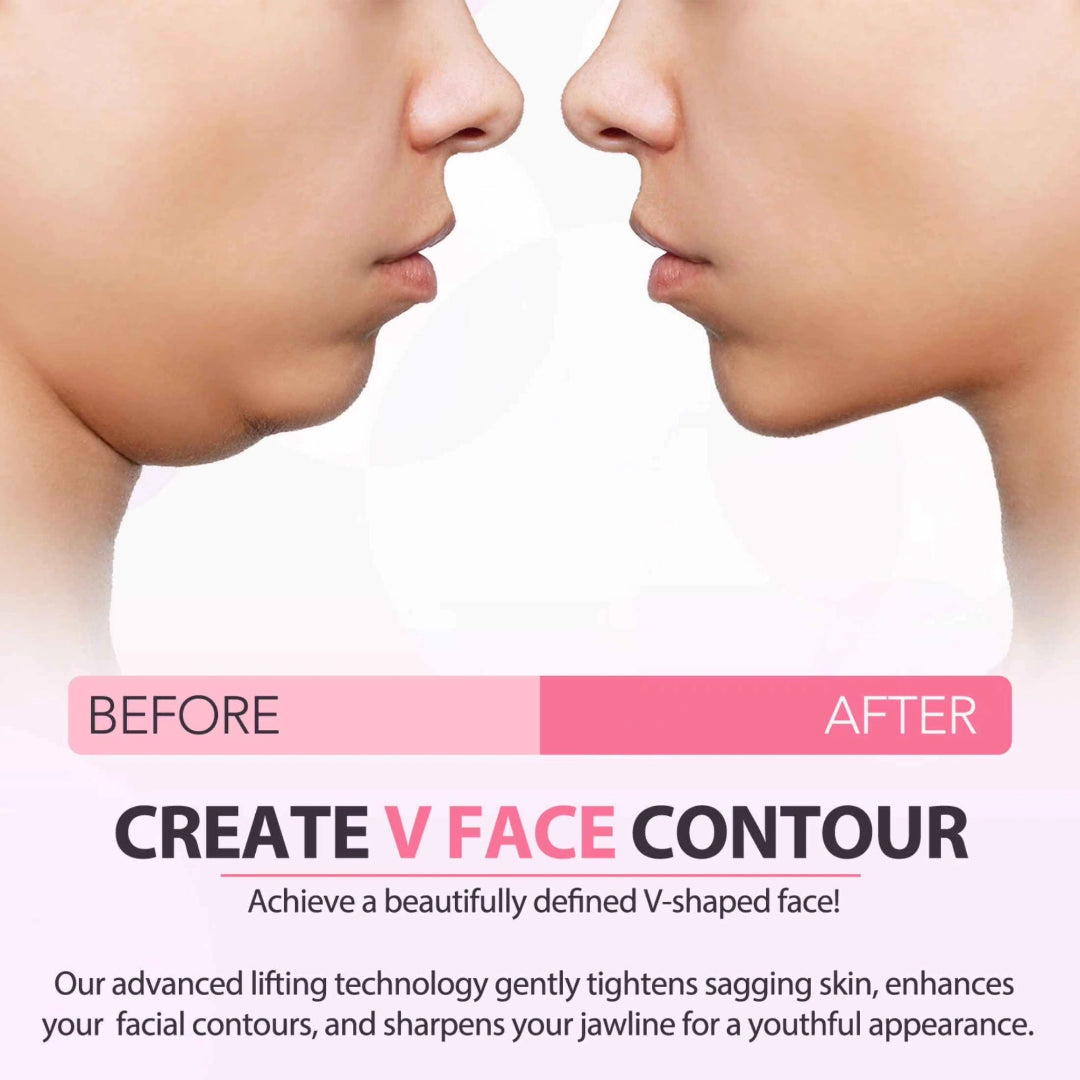 Before and after comparison of facial cheek and jawline contour, with the text 'CREATE V FACE CONTOUR' and descriptive marketing copy on a pale pink background.
