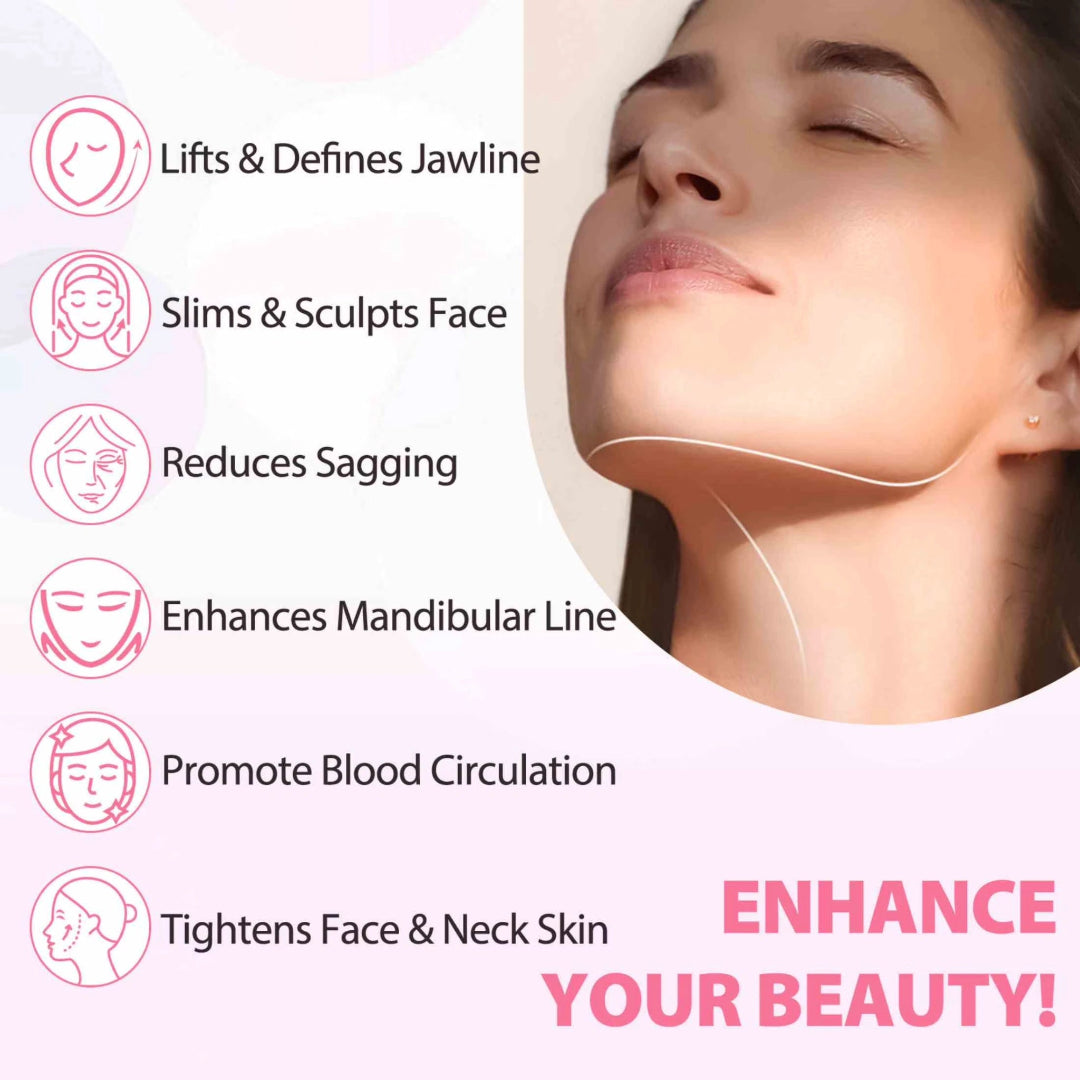 Promotional graphic for a face and neck lifting device, showing a woman's face and neck on the right with a white contour line indicating the treatment area, and six benefit icons with text on the left: Lifts & Defines Jawline, Slims & Sculpts Face, Reduces Sagging, Enhances Mandibular Line, Promote Blood Circulation, and Tightens Face & Neck Skin. The text 'ENHANCE YOUR BEAUTY!' appears in the bottom right corner.