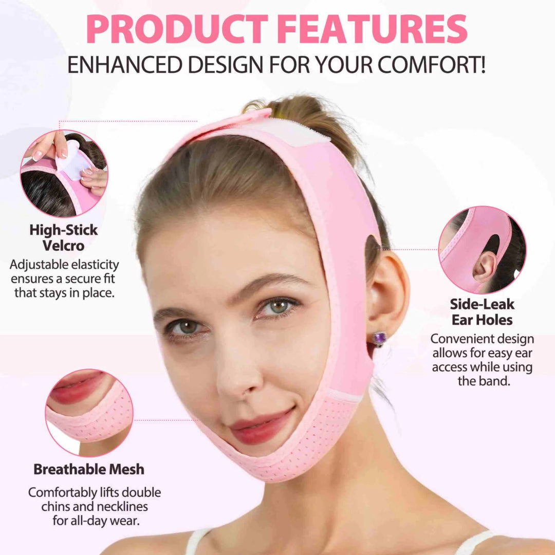 A pink chin and neck support headband shown on a woman's face, with text and callout circles explaining product features like high-stick velcro, adjustable elasticity, side-leak ear holes, and breathable mesh.